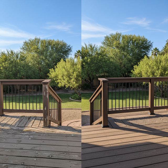 Two deck railings side by side, weathered wood and newer metal balusters