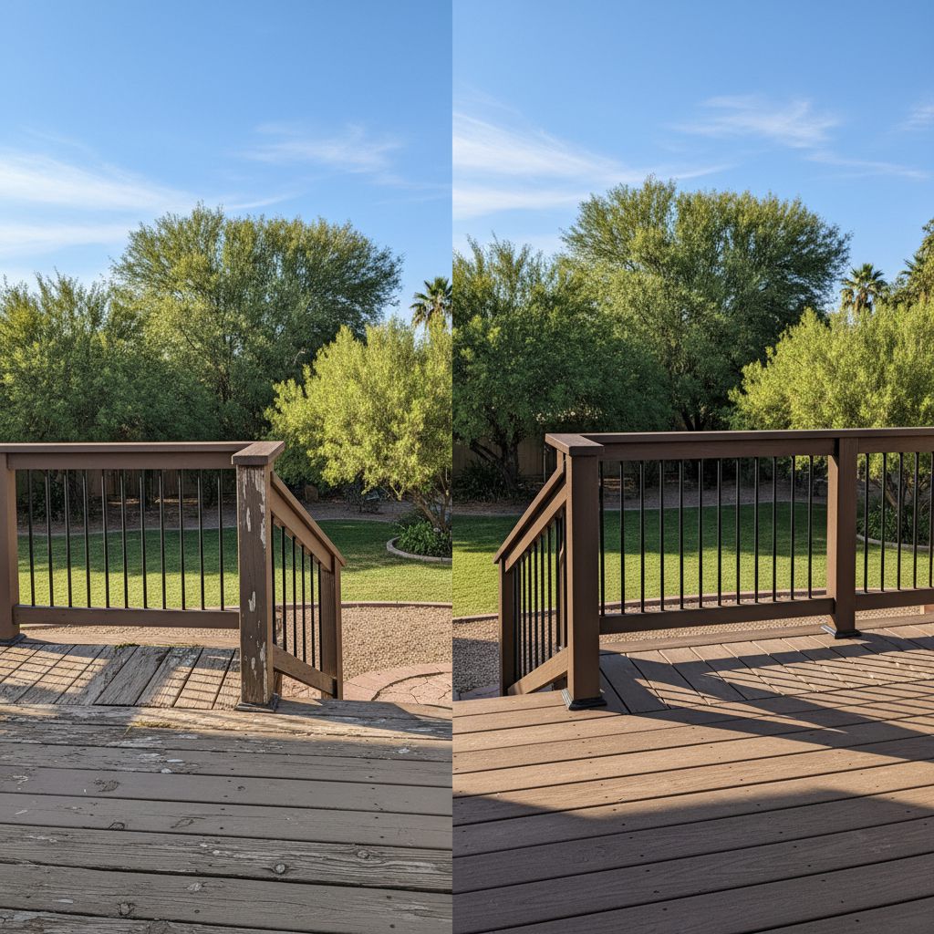 Two deck railings side by side, weathered wood and newer metal balusters