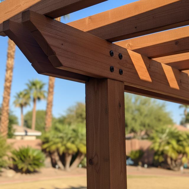 A close view of a wood pergola post and beam joint