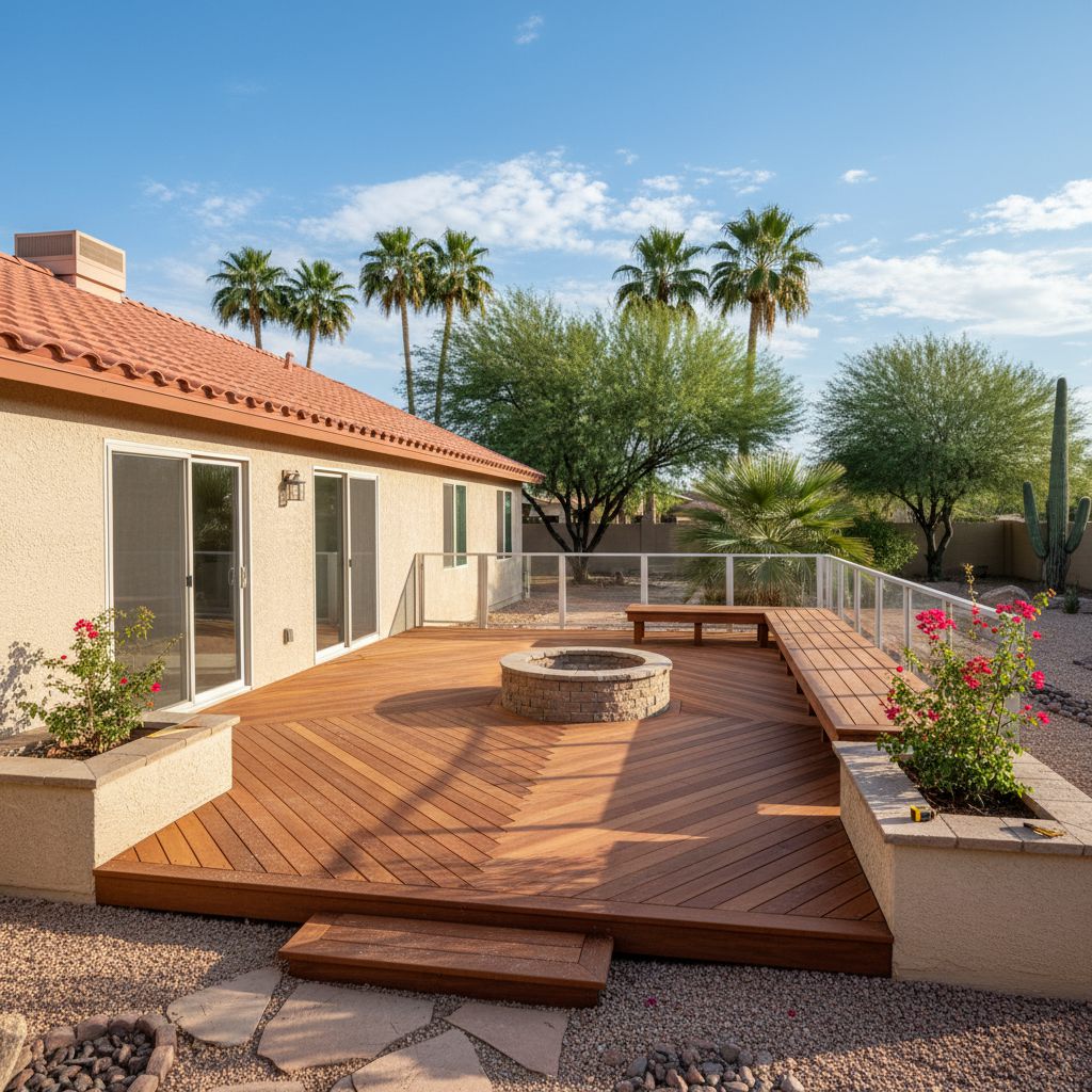 A backyard deck with a fire pit and built-in bench