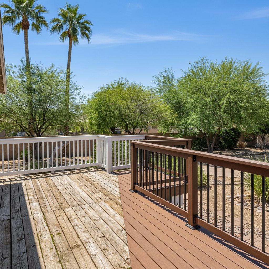 A deck with white and dark metal picket railings
