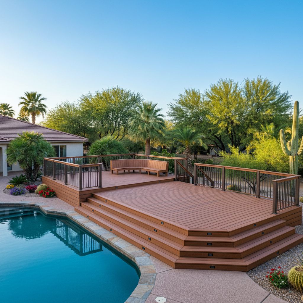 A composite deck with wide steps beside a swimming pool
