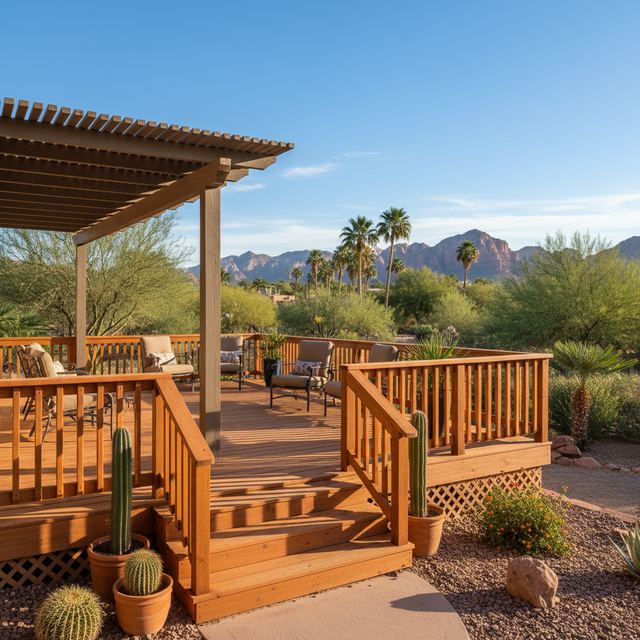 A wood deck with a covered seating area and mountain views