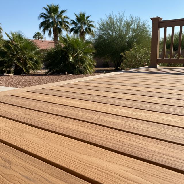 A close view of composite deck boards with a railing behind