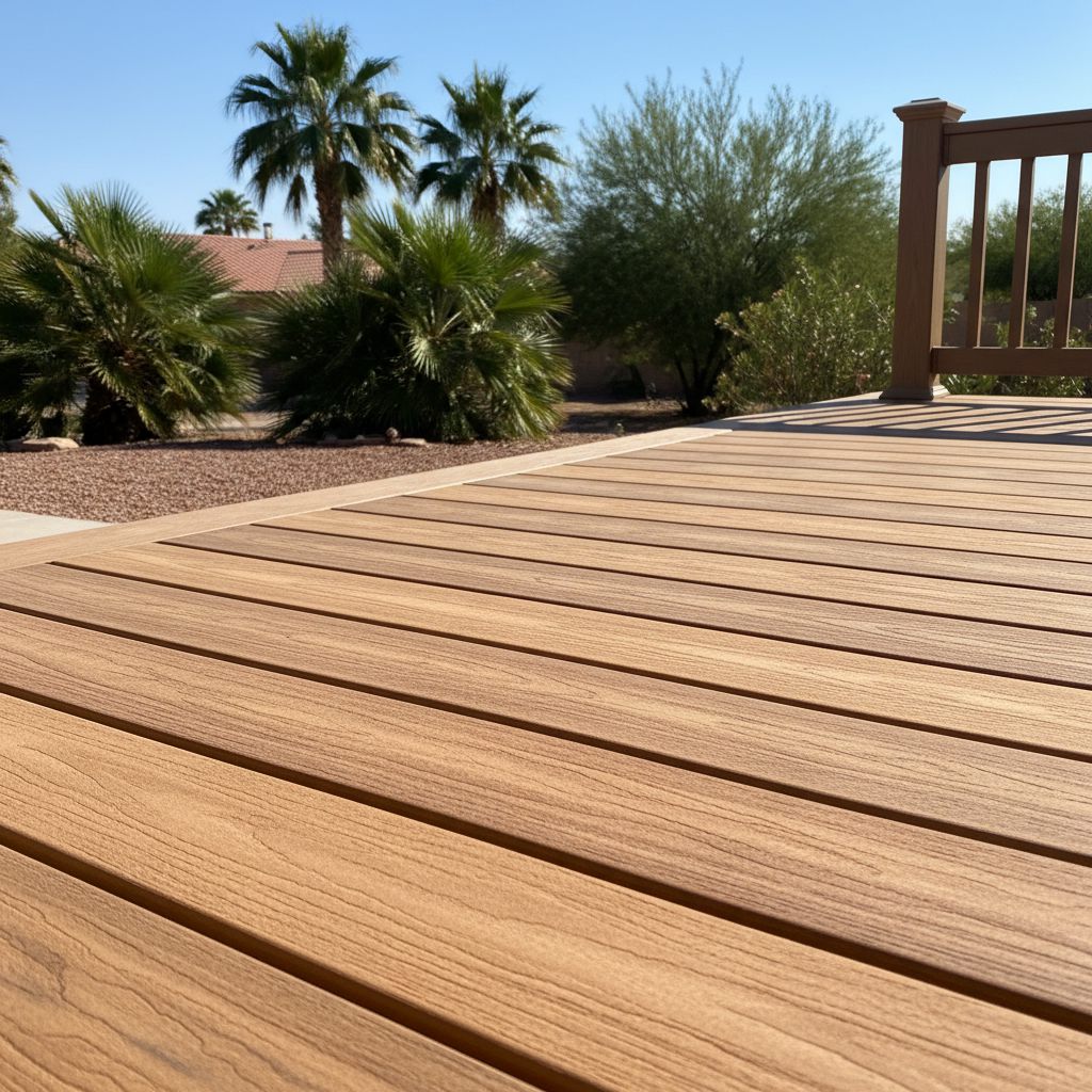 A close view of composite deck boards with a railing behind