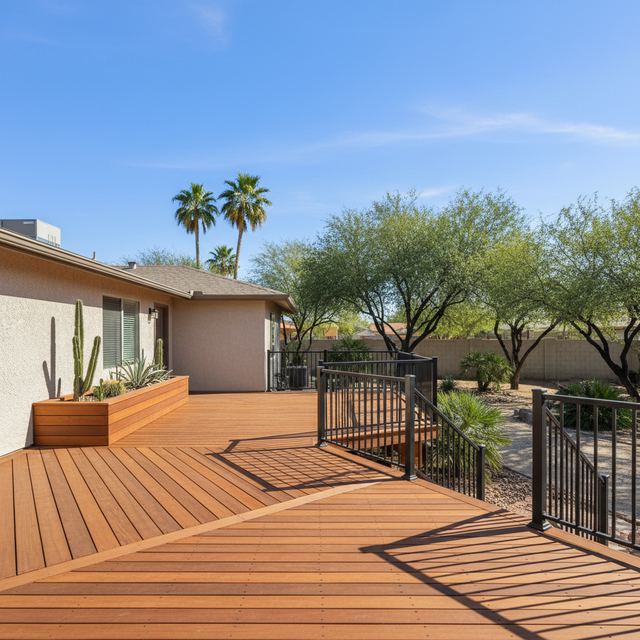 A composite deck with a planter and black metal railing
