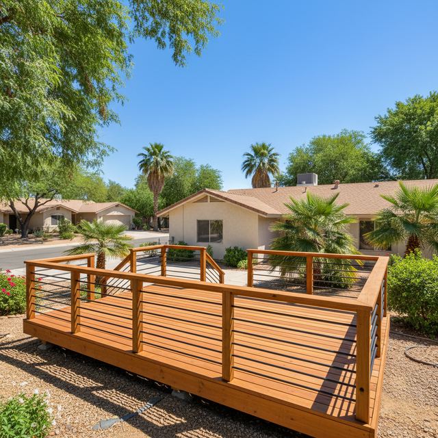 A wood deck with horizontal rail panels in front of a home