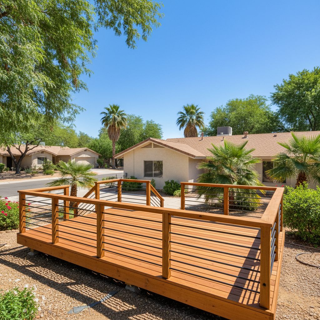A wood deck with horizontal rail panels in front of a home