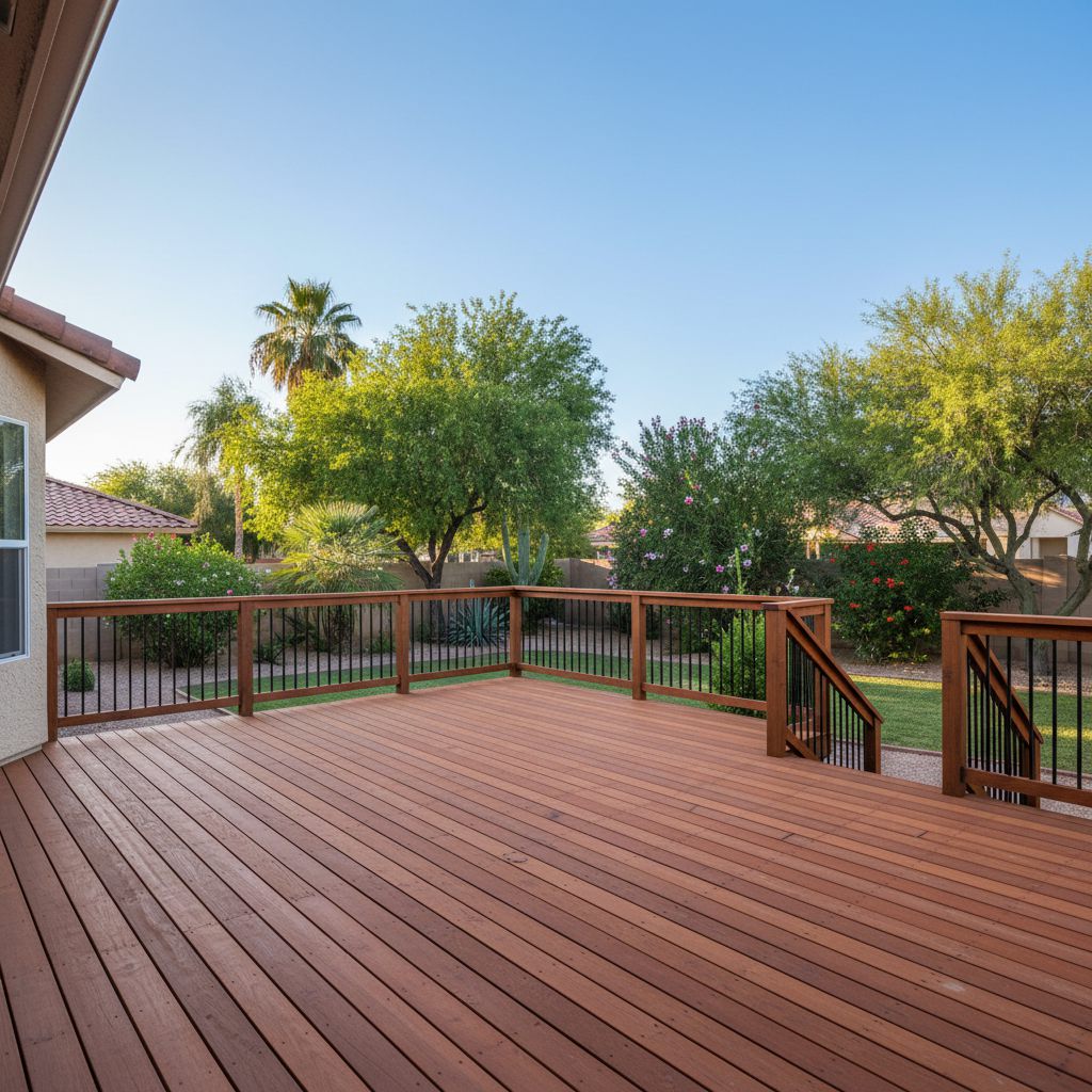 A stained deck with a wood railing around its edge
