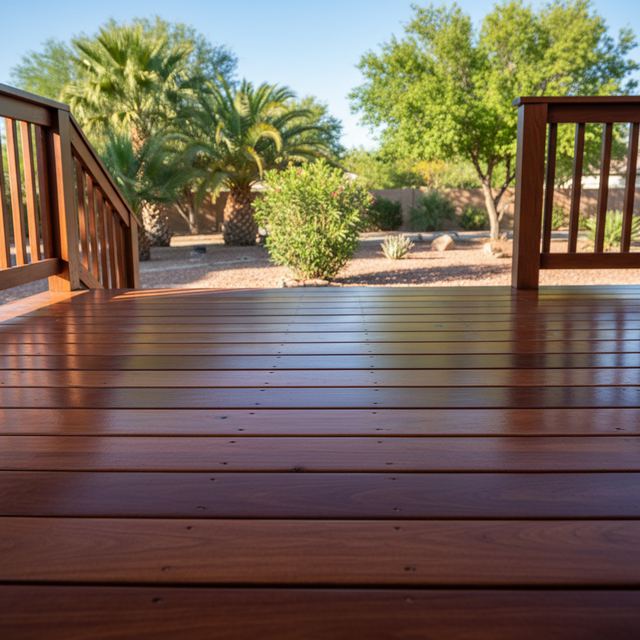 A freshly stained wood deck with a glossy finish