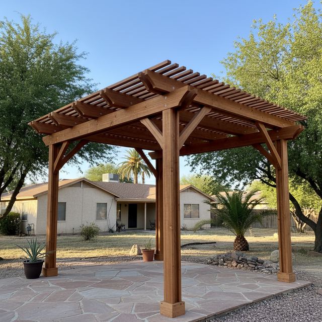 A freestanding wood pergola on a stone patio