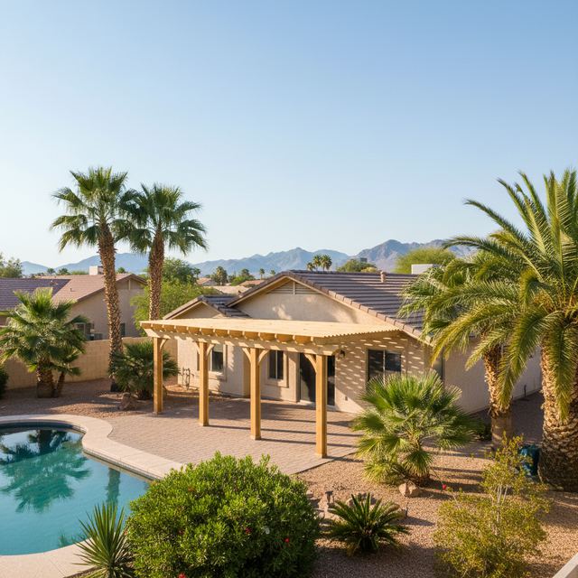 A pergola beside a pool with palms and mountains beyond