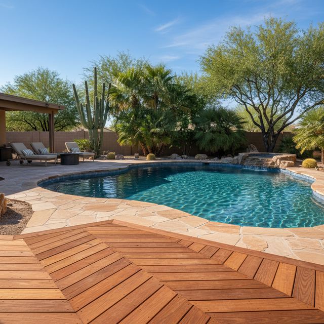 A freeform pool with a stone and wood-look deck around it