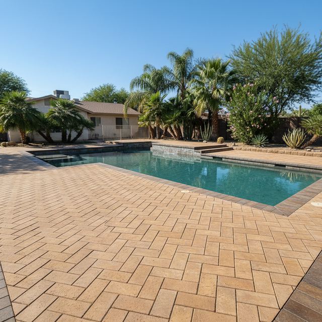 A herringbone paver pool deck beside a rectangular pool