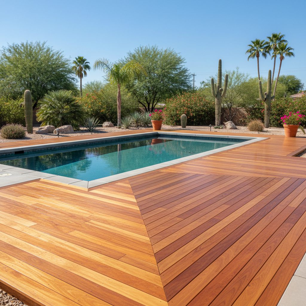A wood-look deck laid in a chevron pattern beside a pool