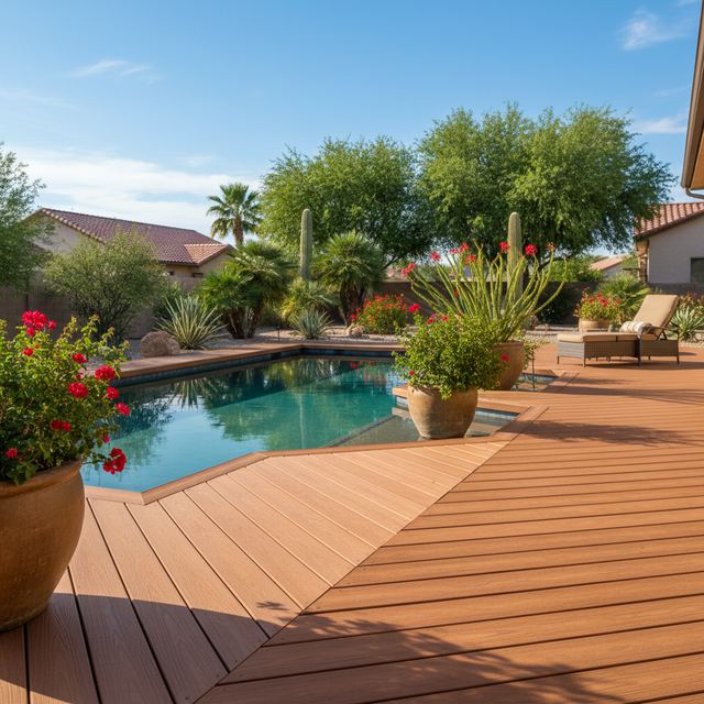 A composite pool deck with planters around a freeform pool