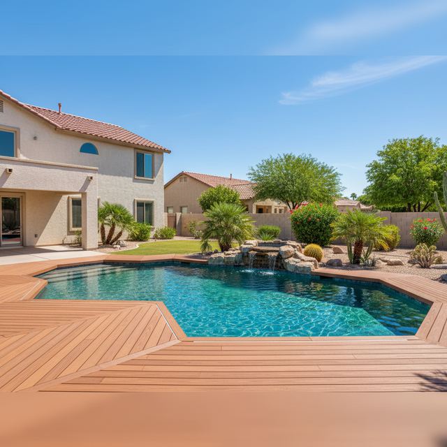 A composite pool deck around a backyard pool with a rock waterfall