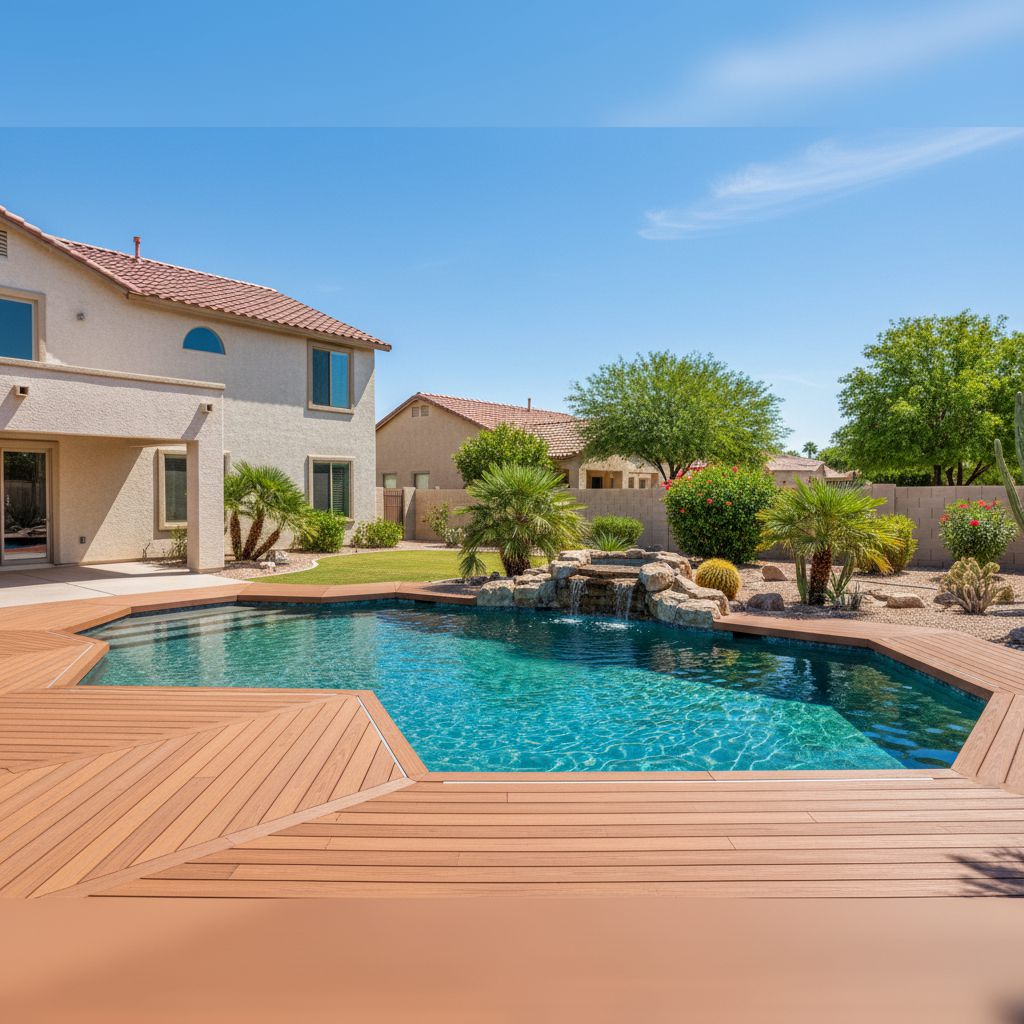 A composite pool deck around a backyard pool with a rock waterfall