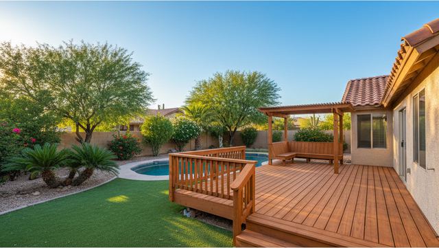 A wood deck with railings and a pergola beside a lawn