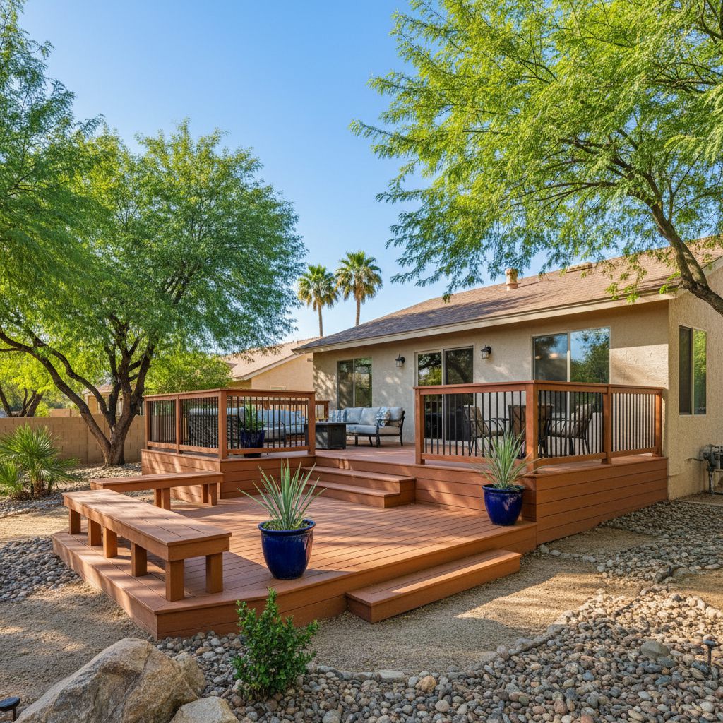 A multi-level deck with seating and steps down to the yard