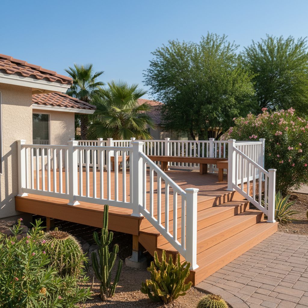 A raised composite deck with white railings and stairs