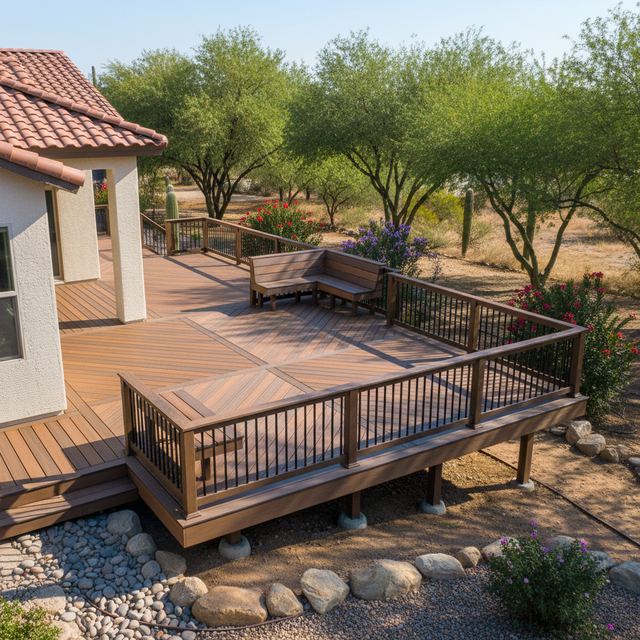 A two-level Trex-style deck with built-in bench and dark railing