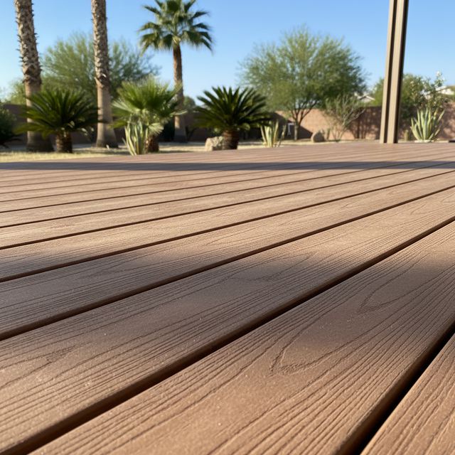 Composite deck boards seen from low down, with palms behind