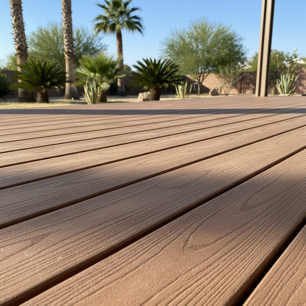 Composite deck boards seen from low down, with palms behind