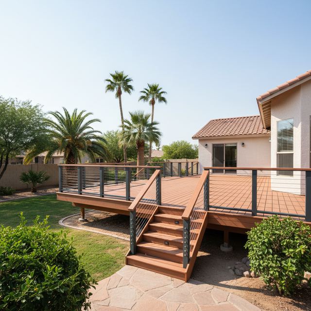 A raised composite deck with cable railing and stairs