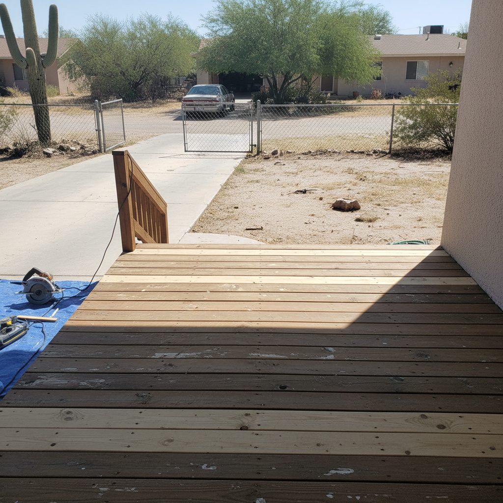 A wood deck surface mid-repair with tools nearby