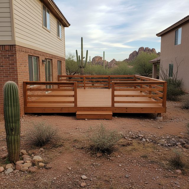 A freshly stained wood deck with horizontal rail panels