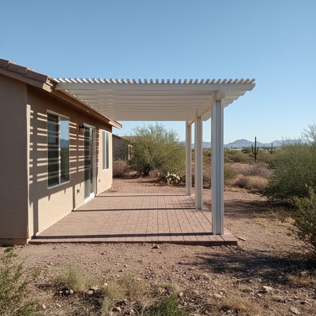 A white pergola shading a paved patio beside a home
