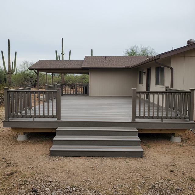 A gray Trex-style deck with matching railings and steps on a desert lot
