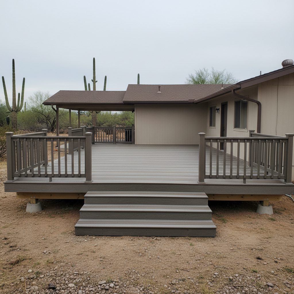 A gray Trex-style deck with matching railings and steps on a desert lot