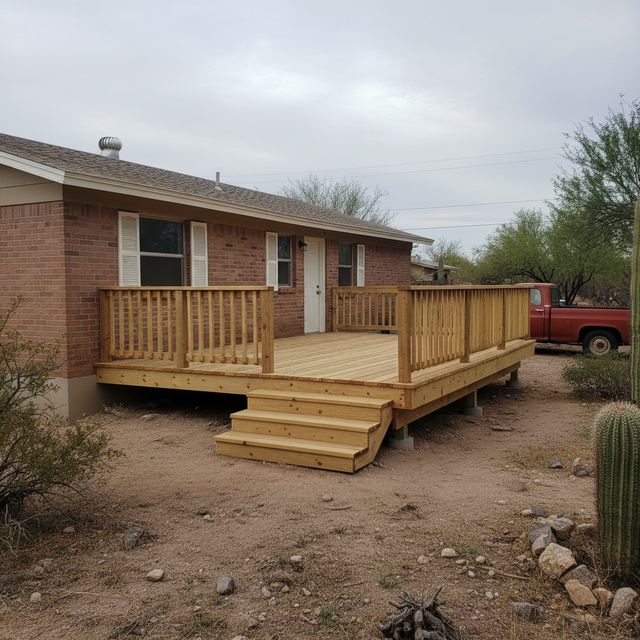 A natural wood deck with railings and steps beside a brick home